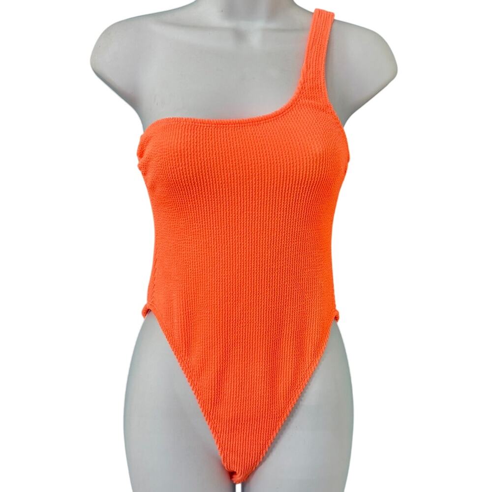 Good American Neon Orange Ribbed One Shoulder One Piece Bathing Swim Suit 1 / 2